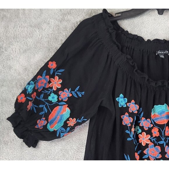 Staccato Shirt Womens Small Black Ruffled Floral Embroidered Boho Tunic Blouse - Picture 9 of 11